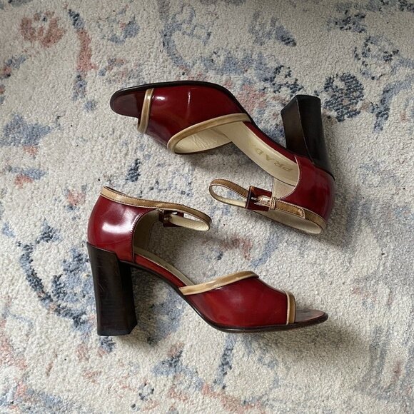 Vintage Prada Womens Red Ankle Strap Sandals Heels Patent Leather Size 38.5 - Picture 1 of 16